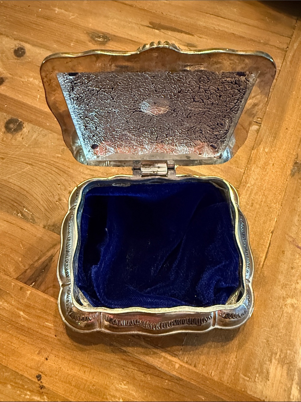 Decorative Silver Jewelry Box with Navy Velvet Lining